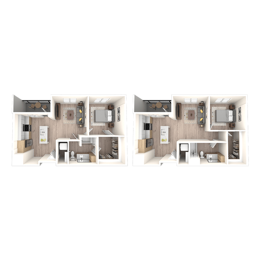 Rendering of the 1E.A floor plan with 1 bedroom[s] and 1 bathroom[s] at temponinemileapts