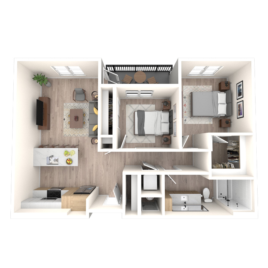 Rendering of the 2J floor plan with 2 bedroom[s] and 1 bathroom[s] at temponinemileapts