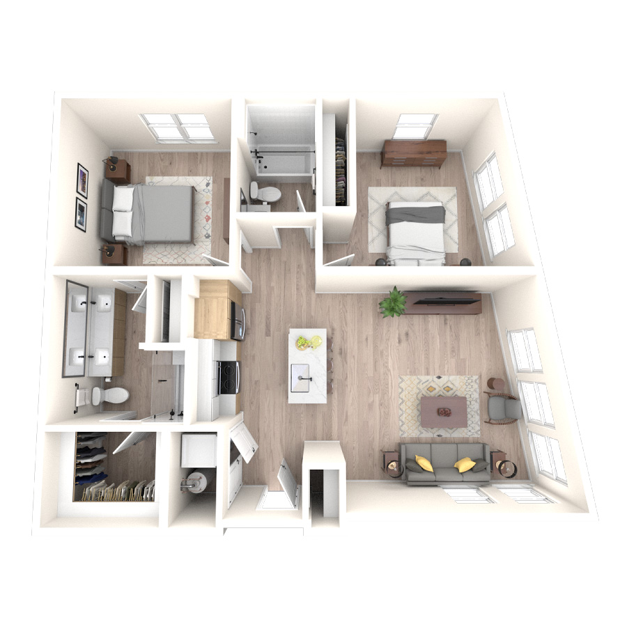 Rendering of the 2F floor plan with 2 bedroom[s] and 2 bathroom[s] at temponinemileapts