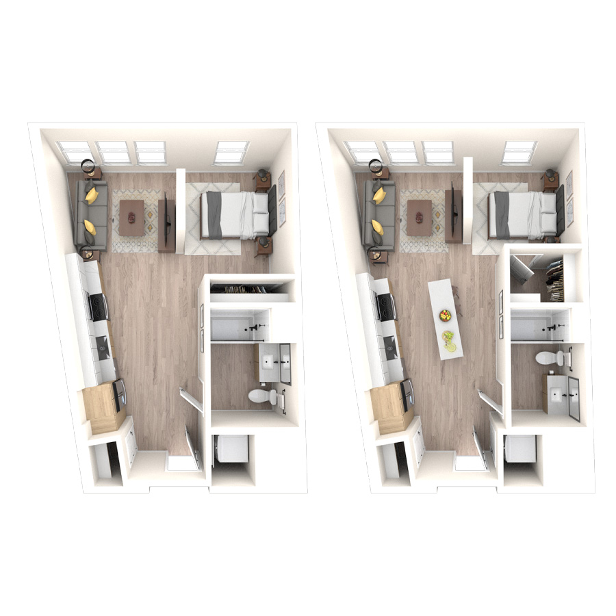 Rendering of the 0B floor plan with a Studio bedroom and 1 bathroom[s] at temponinemileapts