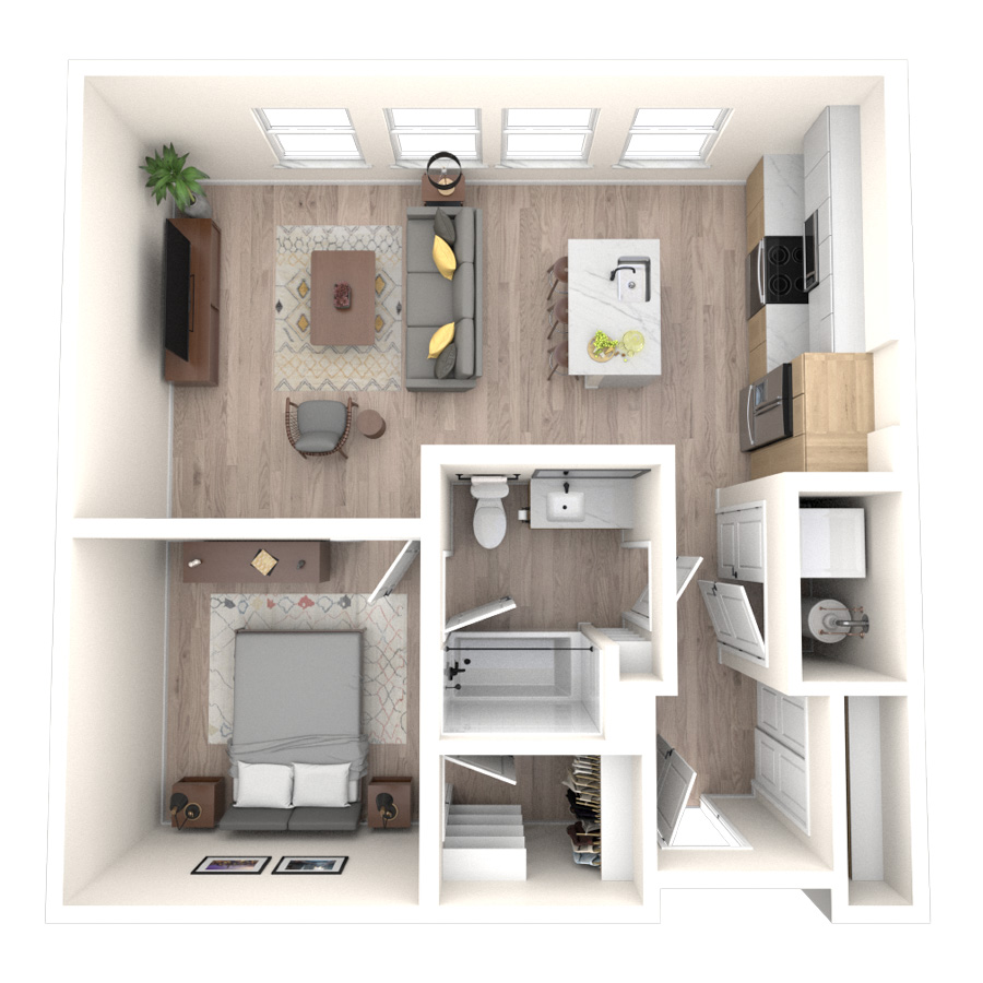 Rendering of the 1F floor plan with 1 bedroom[s] and 1 bathroom[s] at temponinemileapts