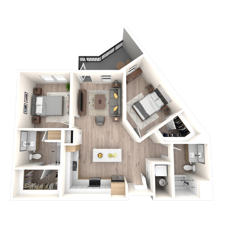 Rendering of the 2B floor plan with 2 bedroom[s] and 2 bathroom[s] at temponinemileapts