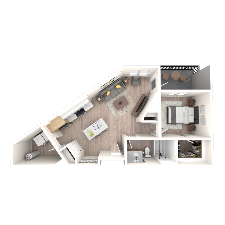 Rendering of the 1C floor plan with 1 bedroom[s] and 1 bathroom[s] at temponinemileapts