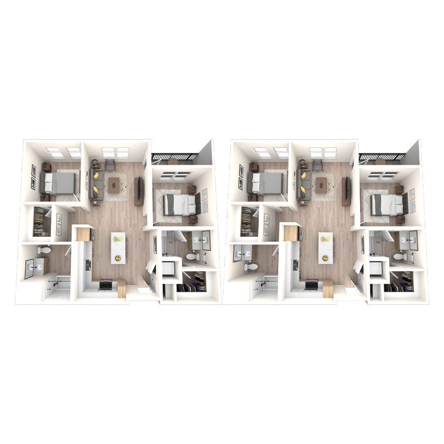 Rendering of the 2C floor plan with 2 bedroom[s] and 2 bathroom[s] at temponinemileapts