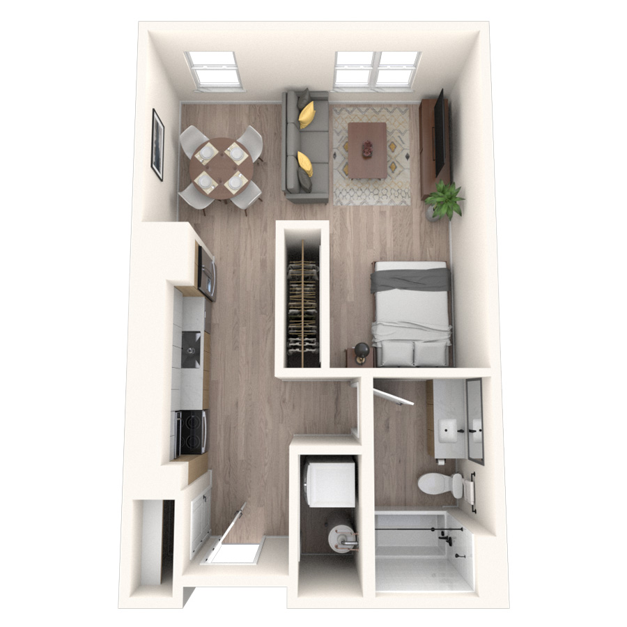 Rendering of the 0A floor plan with a Studio bedroom and 1 bathroom[s] at temponinemileapts