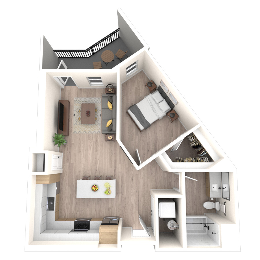 Rendering of the 1G floor plan with 1 bedroom[s] and 1 bathroom[s] at temponinemileapts