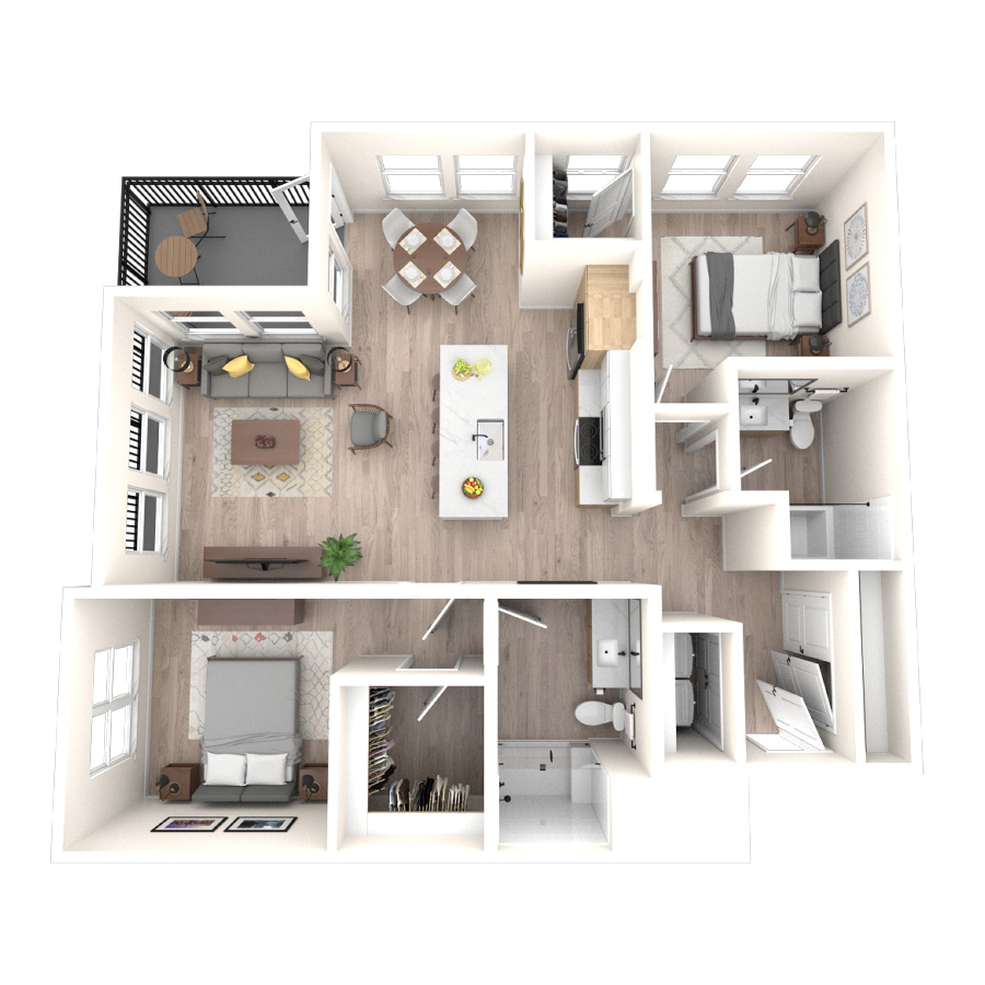 Rendering of the 2H floor plan with 2 bedroom[s] and 2 bathroom[s] at temponinemileapts