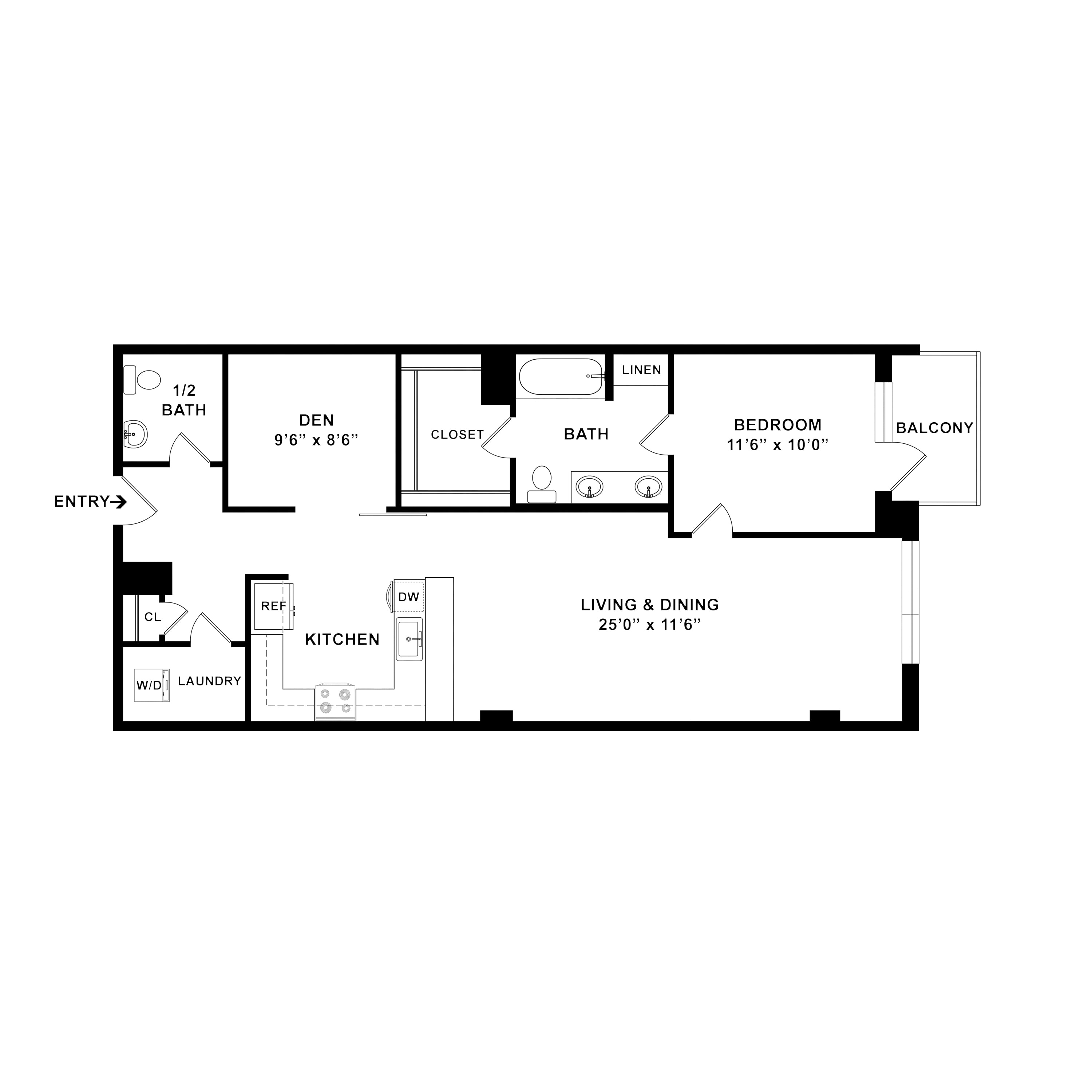 1 Bed/1.5 Bath Den floor plan