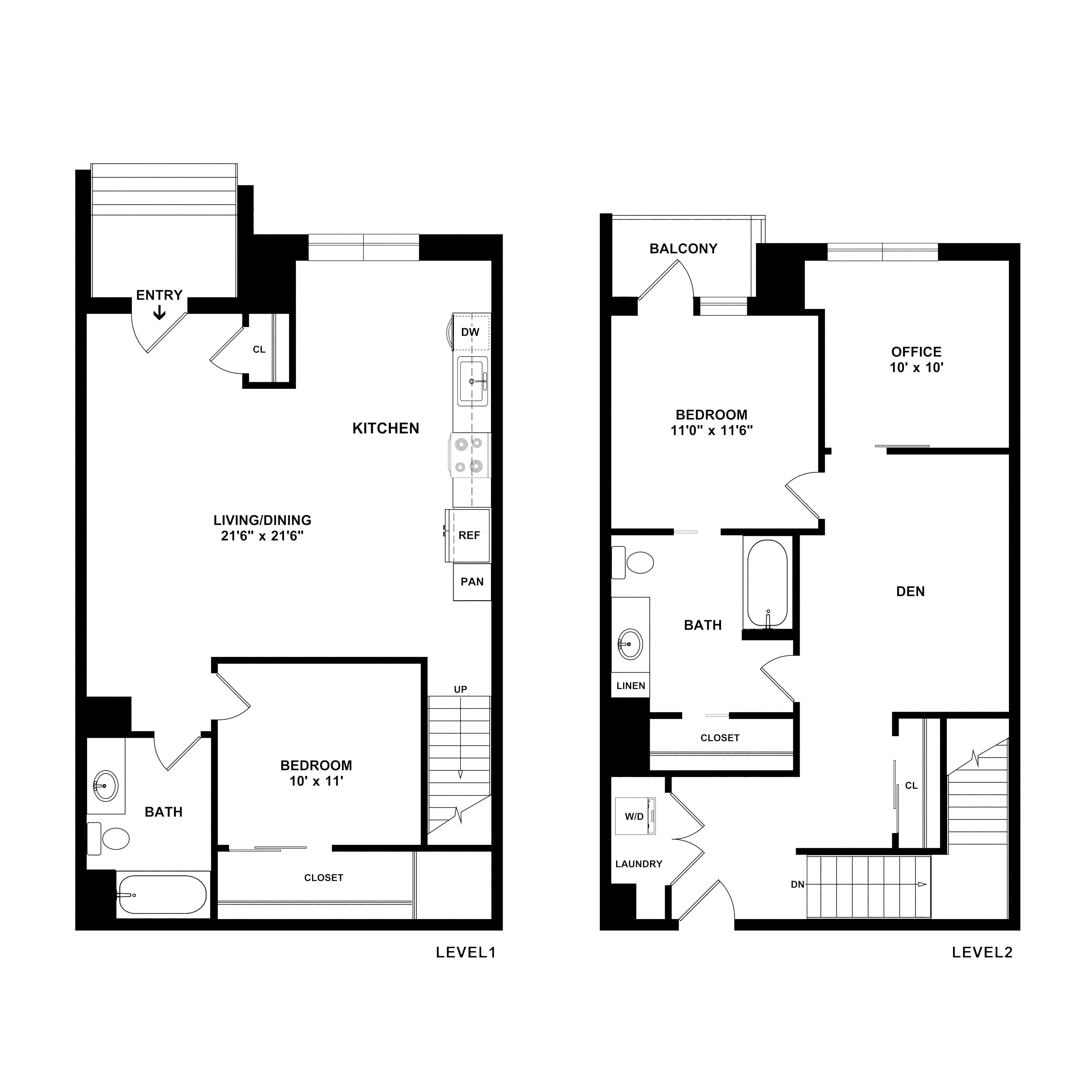 2 Bed/2 Bath TH Den floor plan