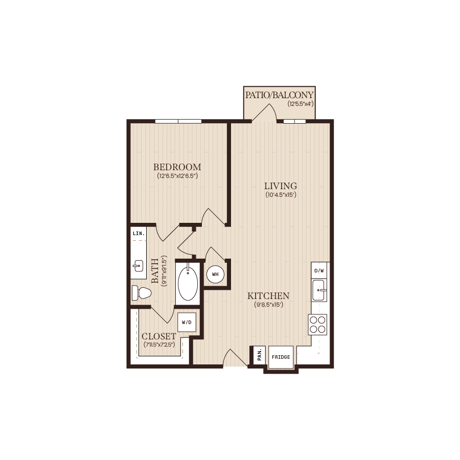 Rendering of the A2 floor plan with 1 bedroom[s] and 1 bathroom[s] at Soltra Brassline