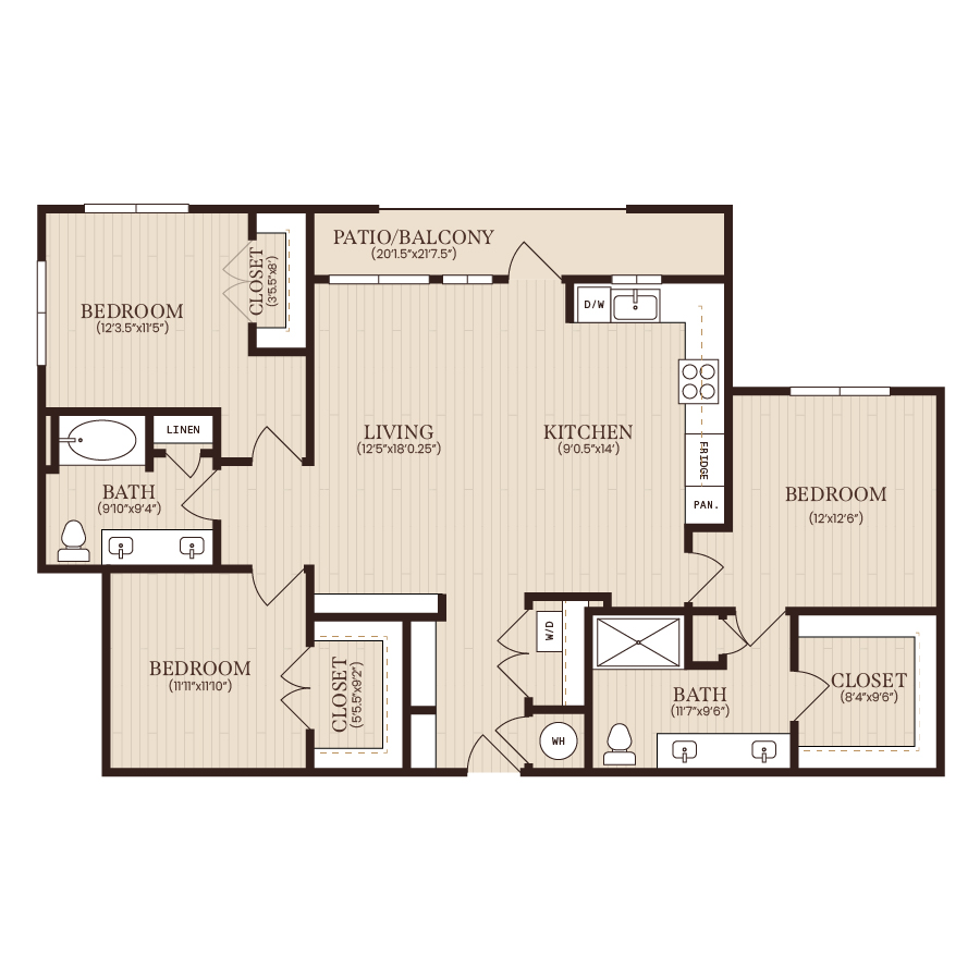 Rendering of the C1.1 floor plan with 3 bedroom[s] and 2 bathroom[s] at Soltra Brassline