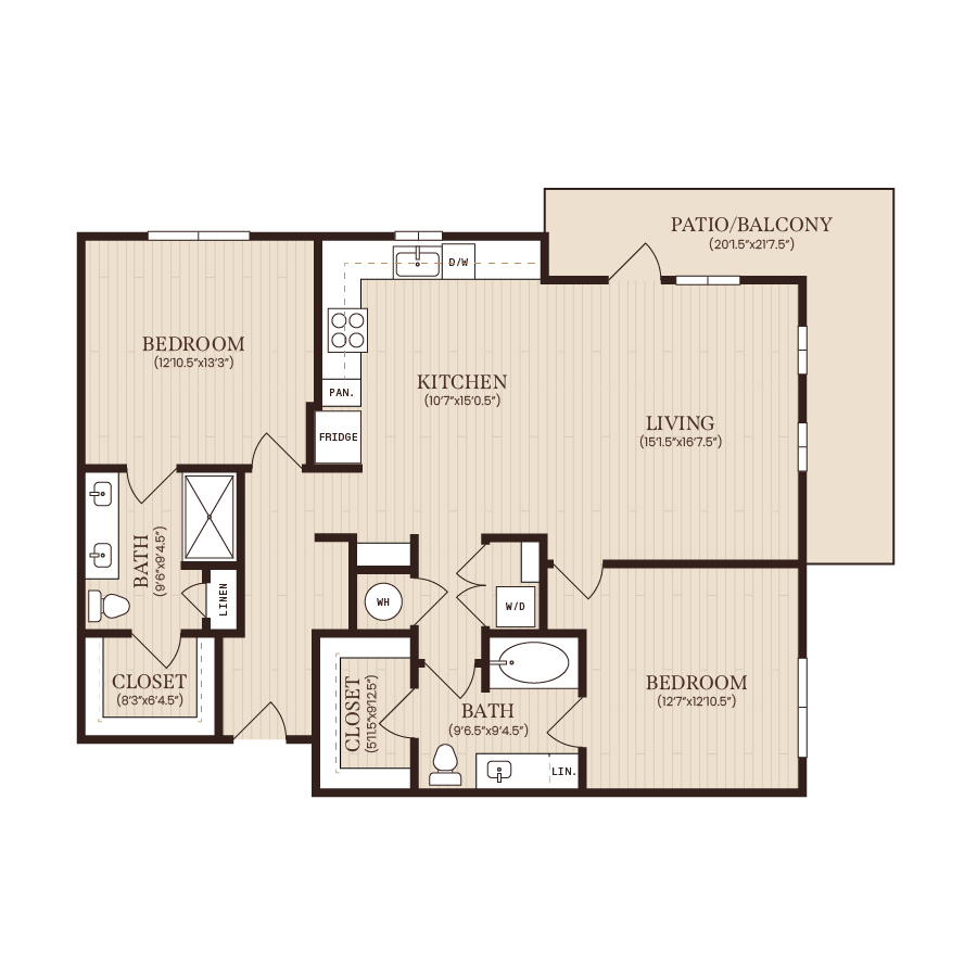 Rendering of the B2.1 floor plan with 2 bedroom[s] and 2 bathroom[s] at Soltra Brassline