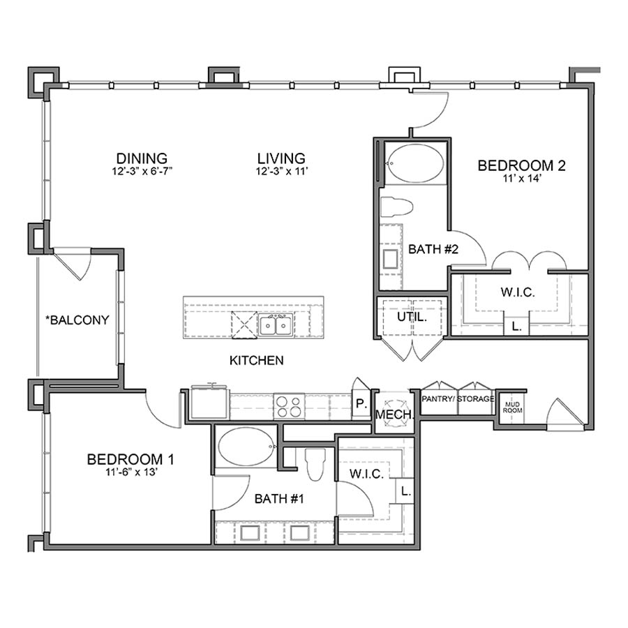 Rendering of the WH.B11 floor plan with 2 bedroom[s] and 2 bathroom[s] at Apartments at the Sound