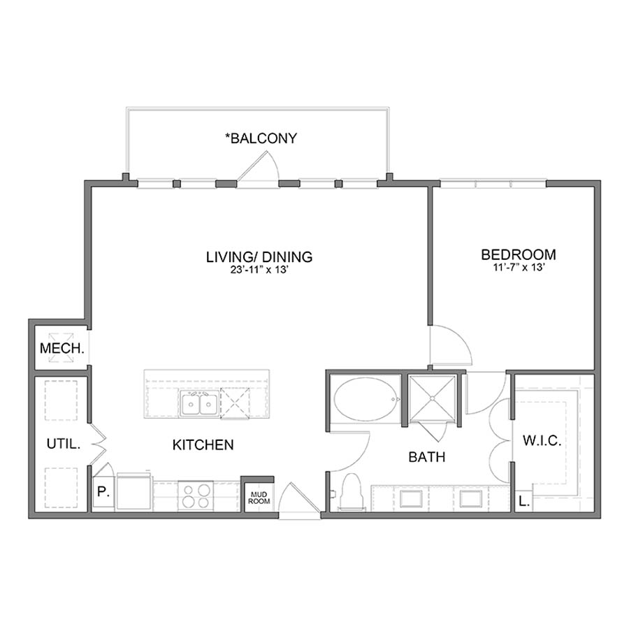 Rendering of the WH.A9 floor plan with 1 bedroom[s] and 1 bathroom[s] at Apartments at the Sound