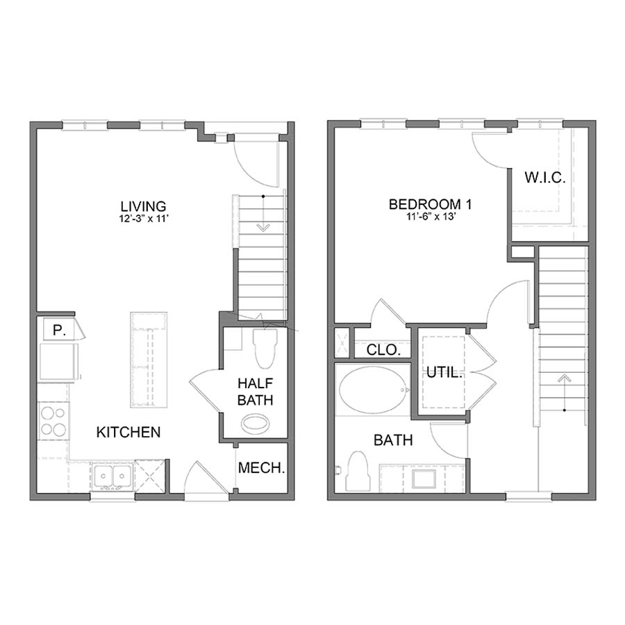 Rendering of the WH.THA1 floor plan with 1 bedroom[s] and 1.5 bathroom[s] at Apartments at the Sound
