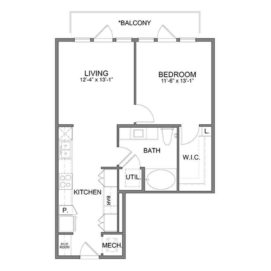 Rendering of the WH.A2 floor plan with 1 bedroom[s] and 1 bathroom[s] at Apartments at the Sound