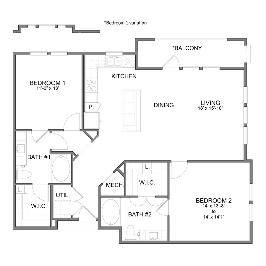 Rendering of the BL.B4.2 floor plan with 2 bedroom[s] and 2 bathroom[s] at Apartments at the Sound