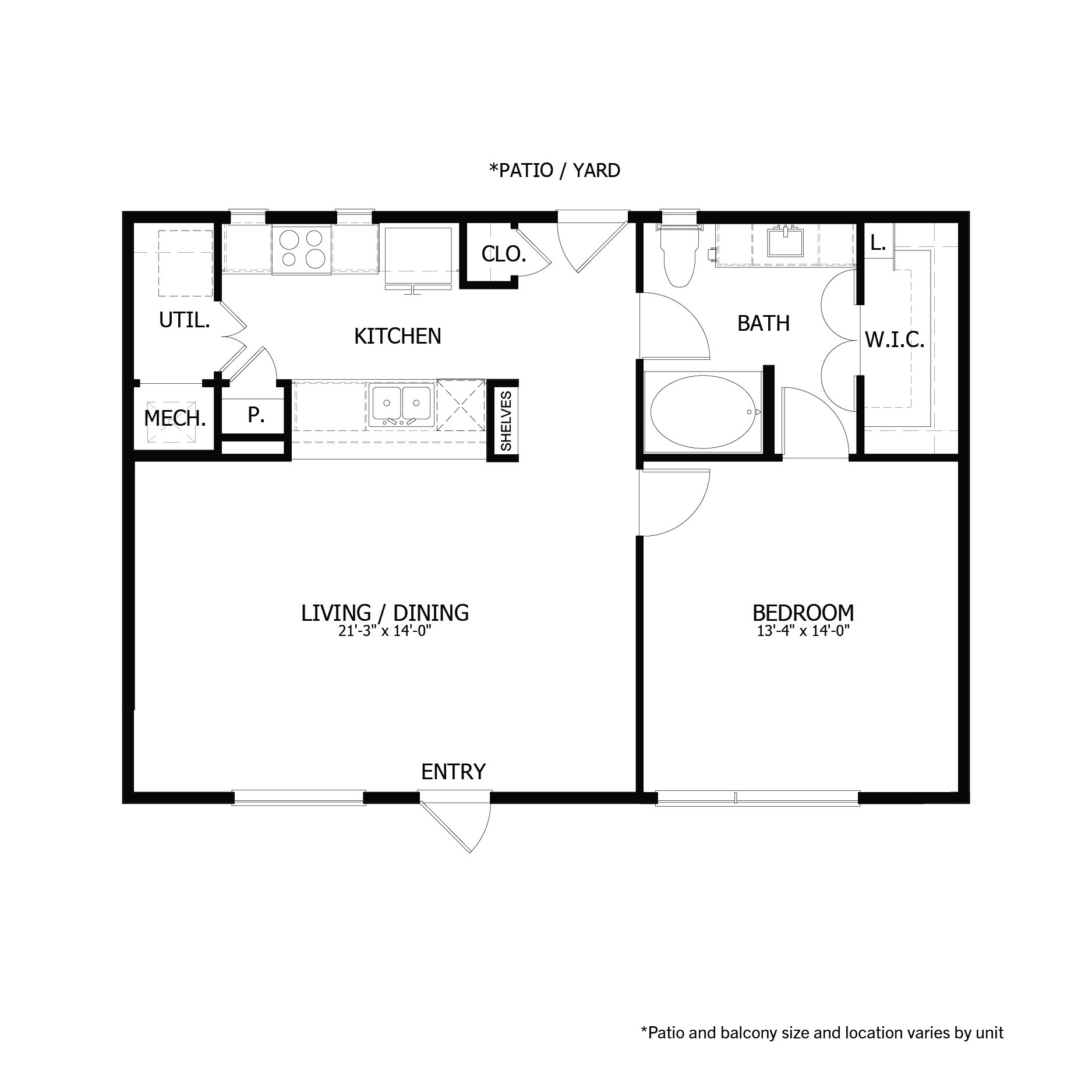 Rendering of the BLTA1 floor plan with 1 bedroom[s] and 1 bathroom[s] at Apartments at the Sound