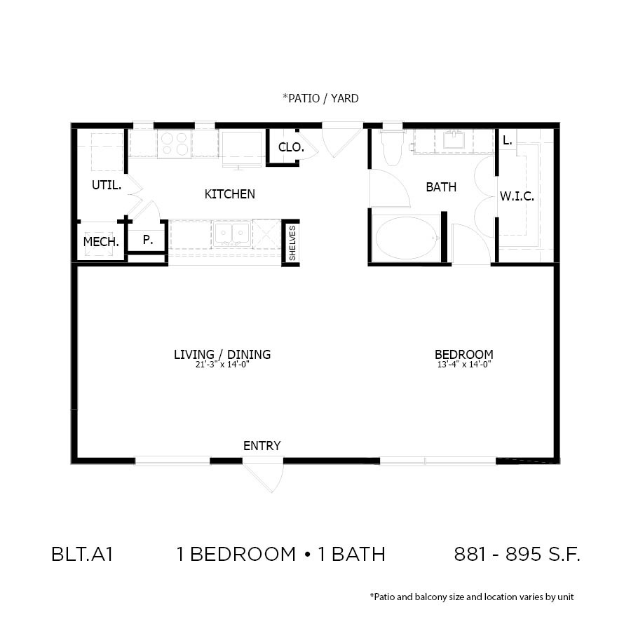 Rendering of the BLTA1 floor plan with 1 bedroom[s] and 1 bathroom[s] at Apartments at the Sound