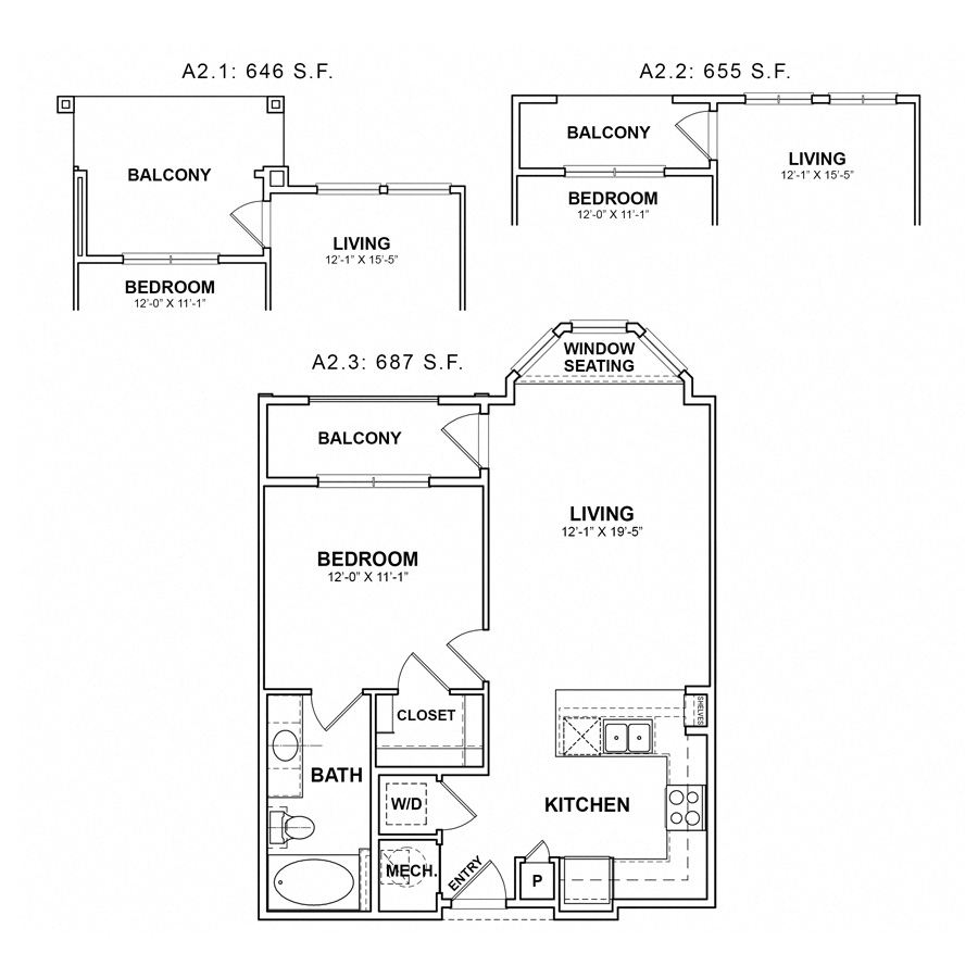 Rendering of the HA.A2 floor plan with 1 bedroom[s] and 1 bathroom[s] at Apartments at the Sound