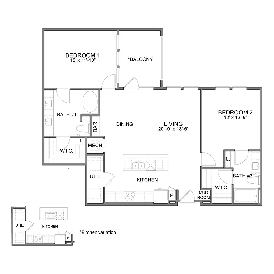 Rendering of the BL.B7 floor plan with 2 bedroom[s] and 2 bathroom[s] at Apartments at the Sound