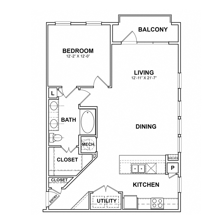 Rendering of the BB.A5 floor plan with 1 bedroom[s] and 1 bathroom[s] at Apartments at the Sound