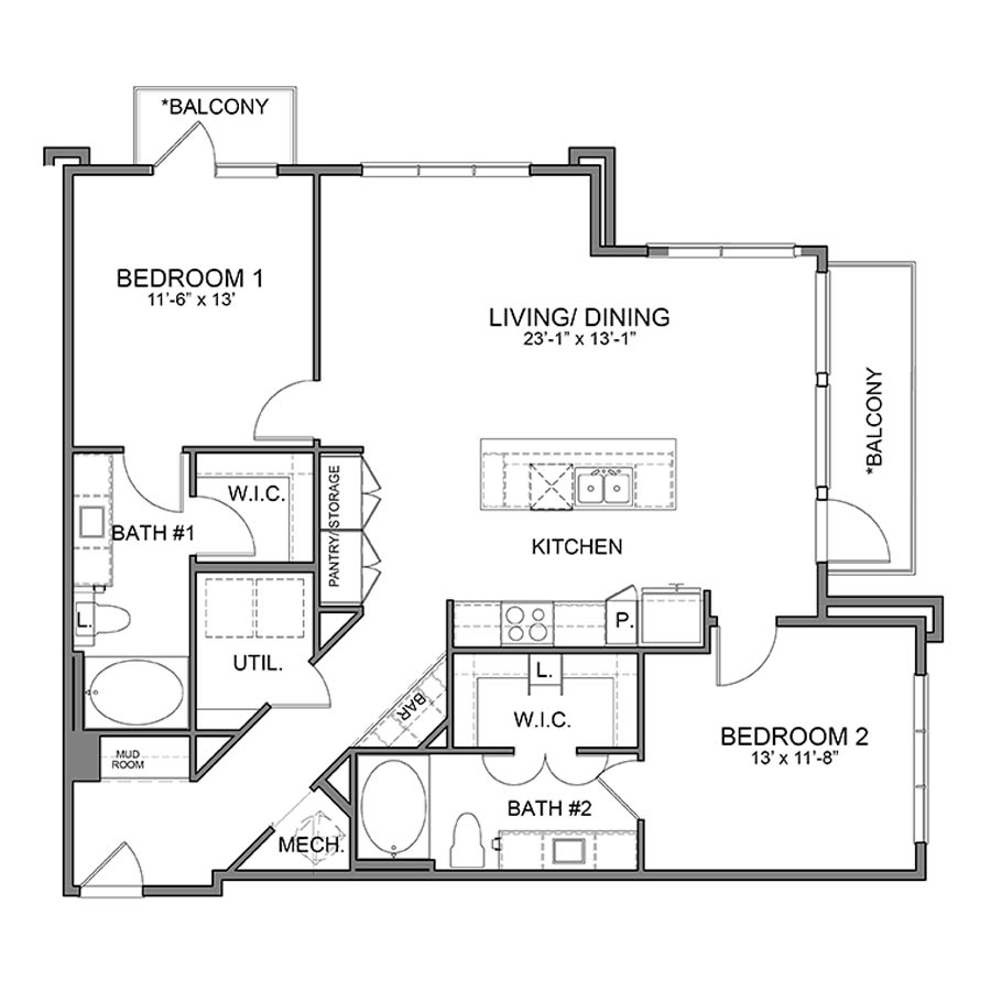 Rendering of the WH.B8 floor plan with 2 bedroom[s] and 2 bathroom[s] at Apartments at the Sound