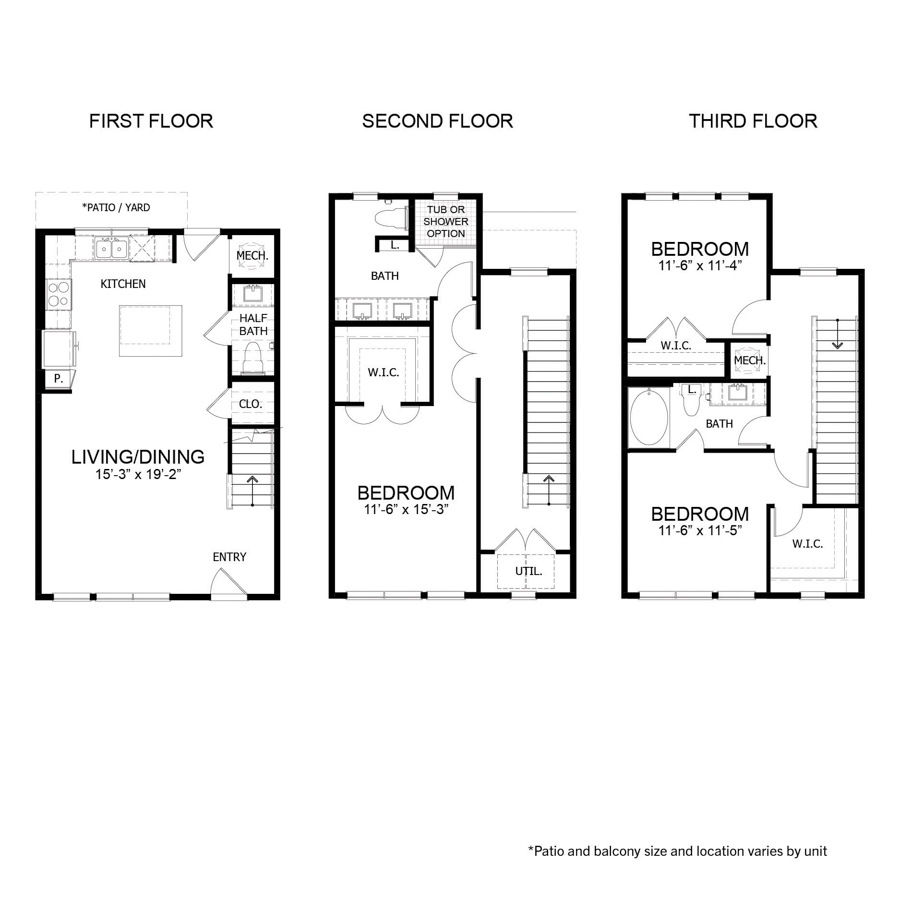 Rendering of the BLT.THC1 floor plan with 3 bedroom[s] and 2.5 bathroom[s] at Apartments at the Sound