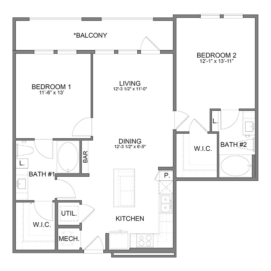 Rendering of the BL.B2 floor plan with 2 bedroom[s] and 2 bathroom[s] at Apartments at the Sound