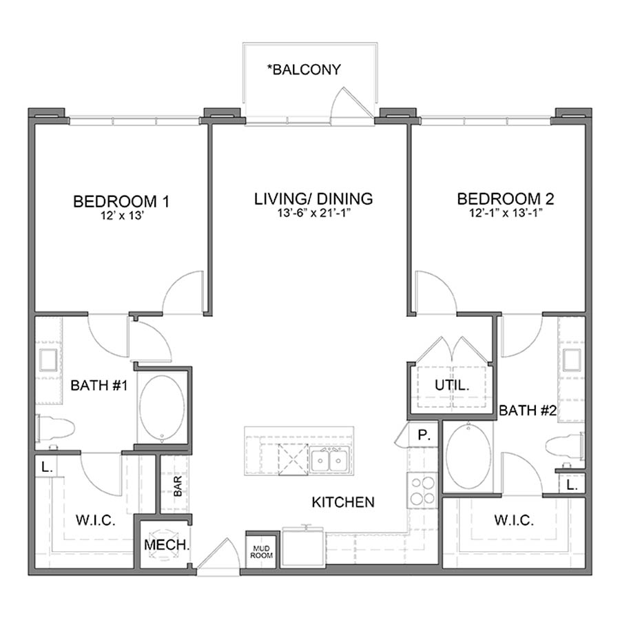 Rendering of the WH.B6 floor plan with 2 bedroom[s] and 2 bathroom[s] at Apartments at the Sound