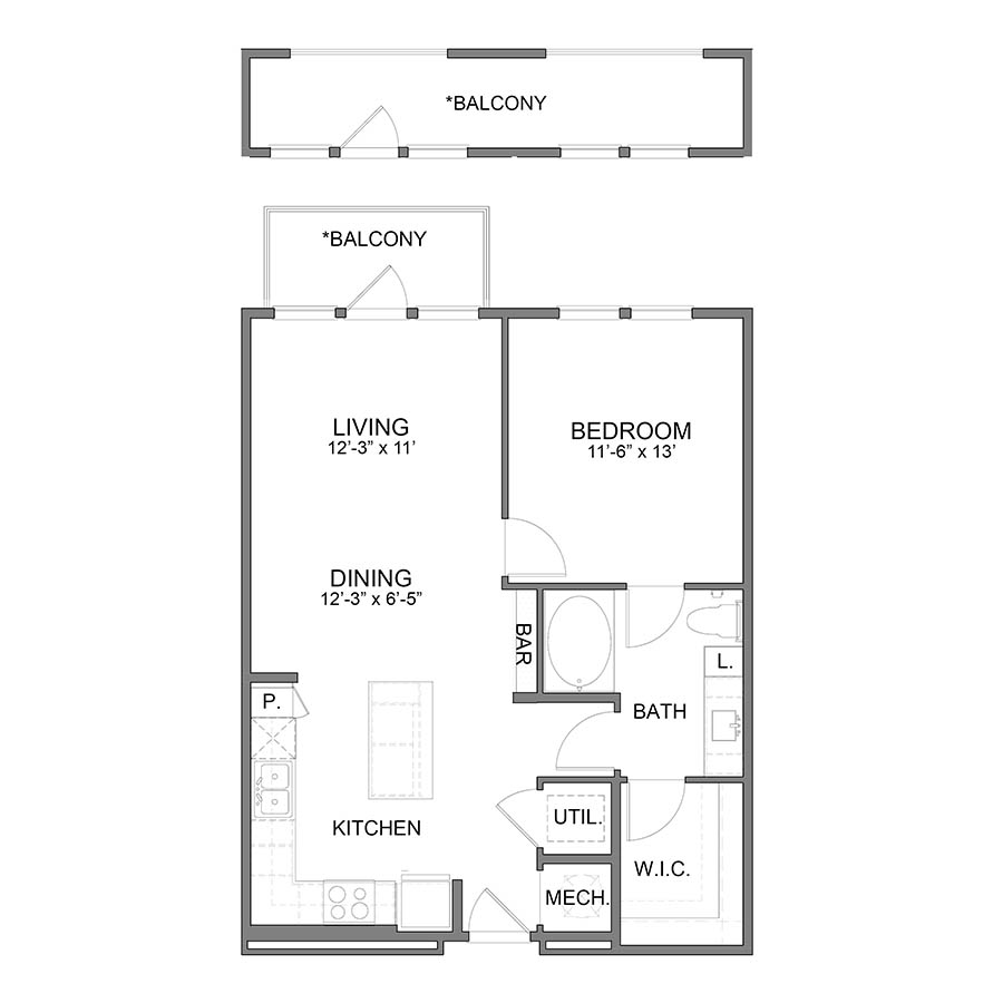 Rendering of the BL.A7 floor plan with 1 bedroom[s] and 1 bathroom[s] at Apartments at the Sound