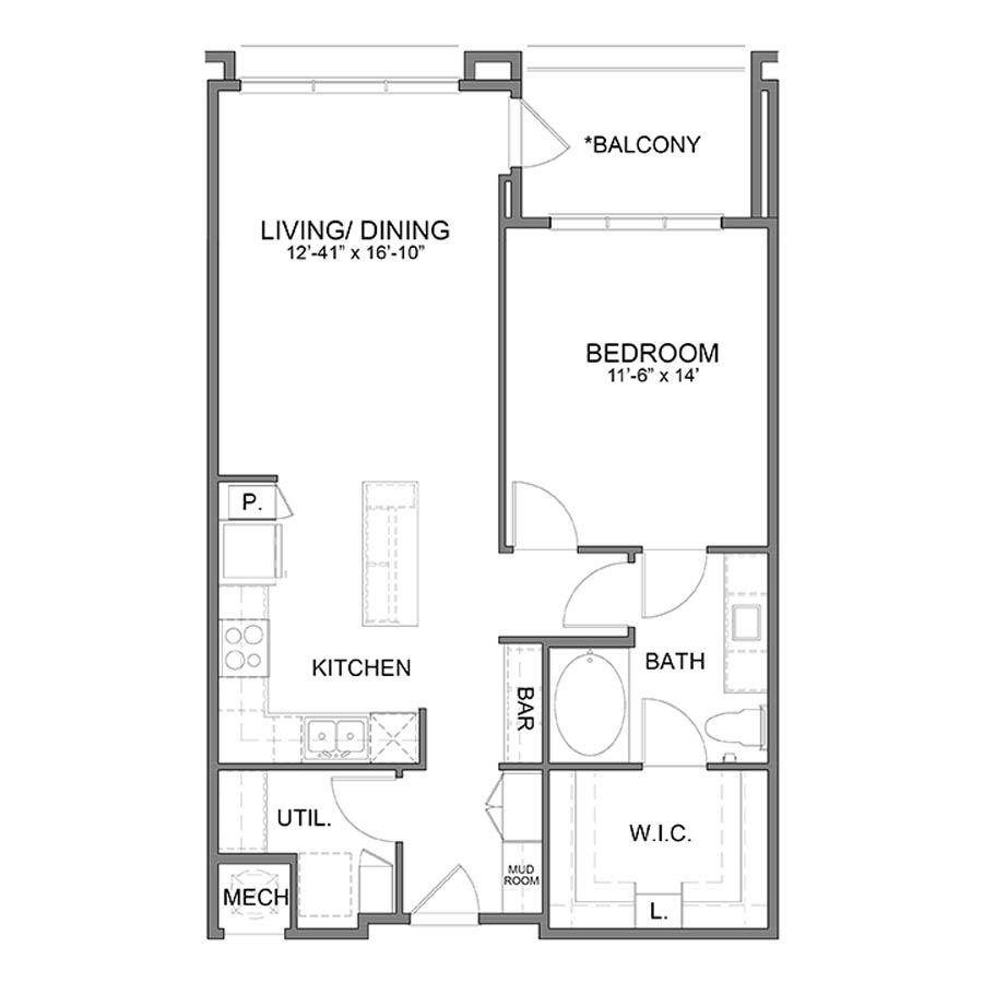Rendering of the WH.A10 floor plan with 1 bedroom[s] and 1 bathroom[s] at Apartments at the Sound