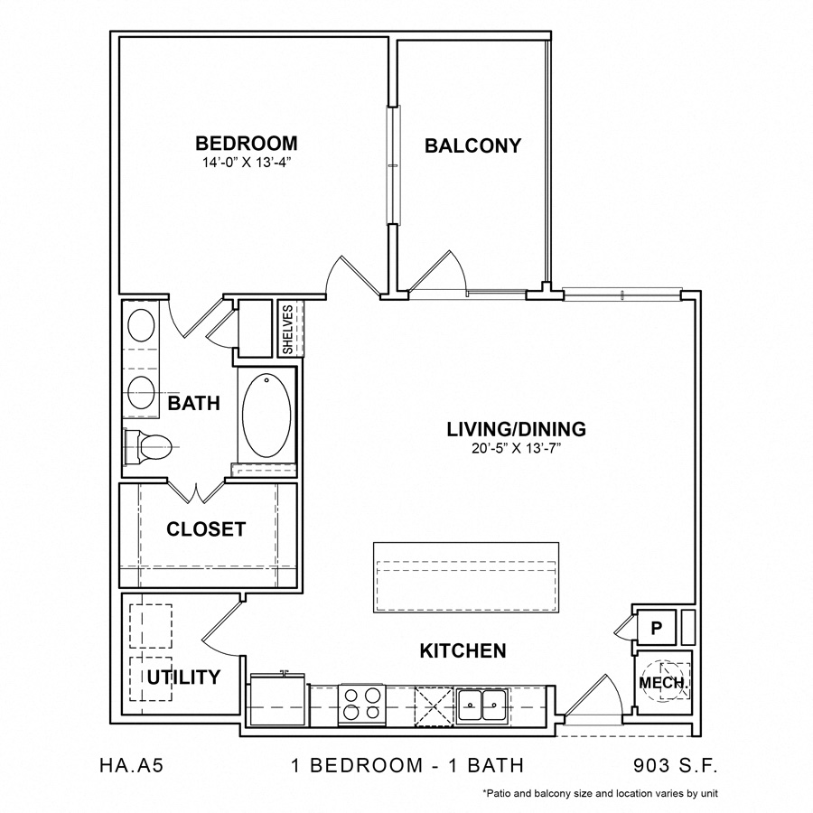 Rendering of the HA.A5 floor plan with 1 bedroom[s] and 1 bathroom[s] at Apartments at the Sound