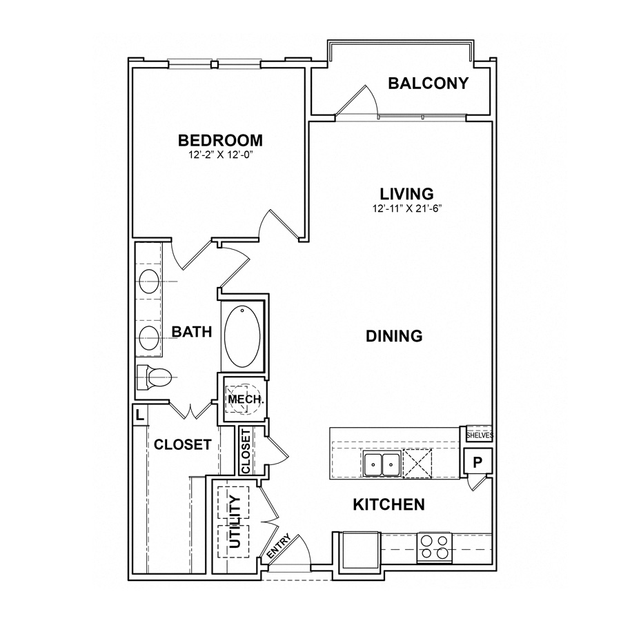 Rendering of the BB.A4 floor plan with 1 bedroom[s] and 1 bathroom[s] at Apartments at the Sound
