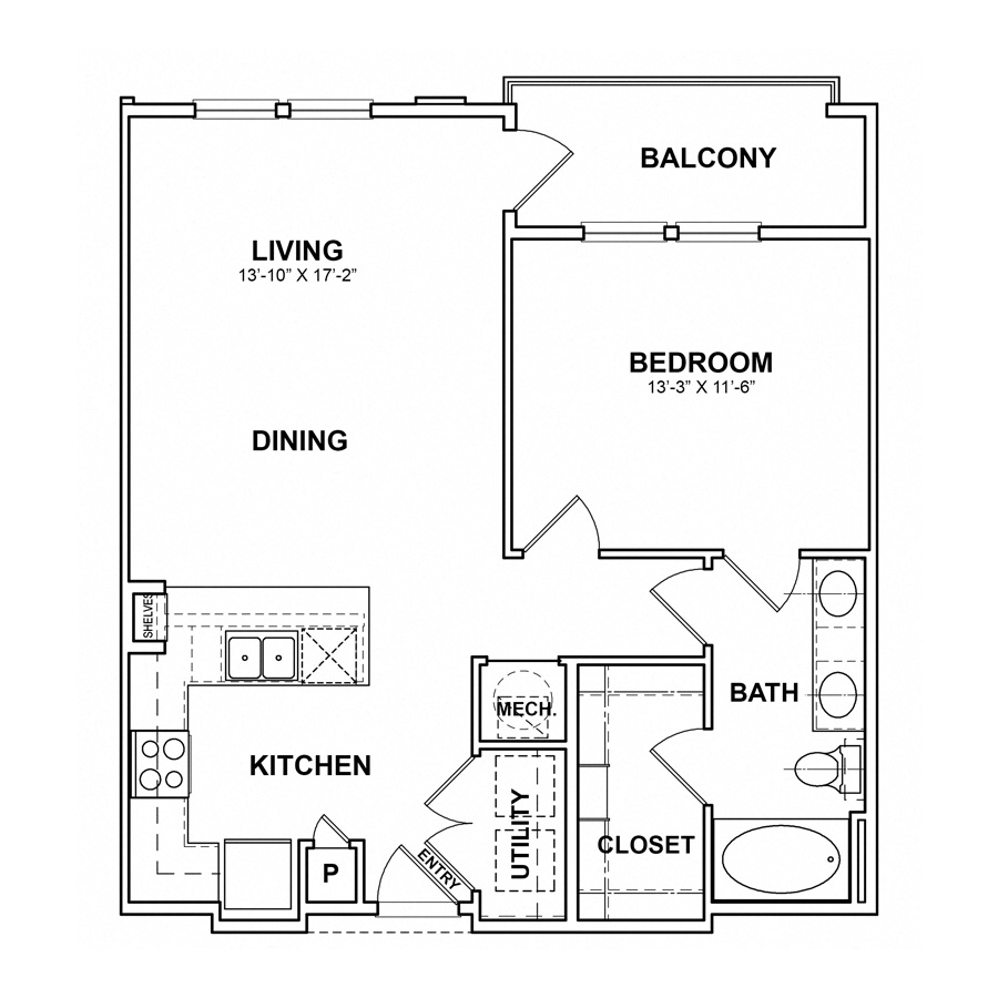 Rendering of the BB.A3 floor plan with 1 bedroom[s] and 1 bathroom[s] at Apartments at the Sound