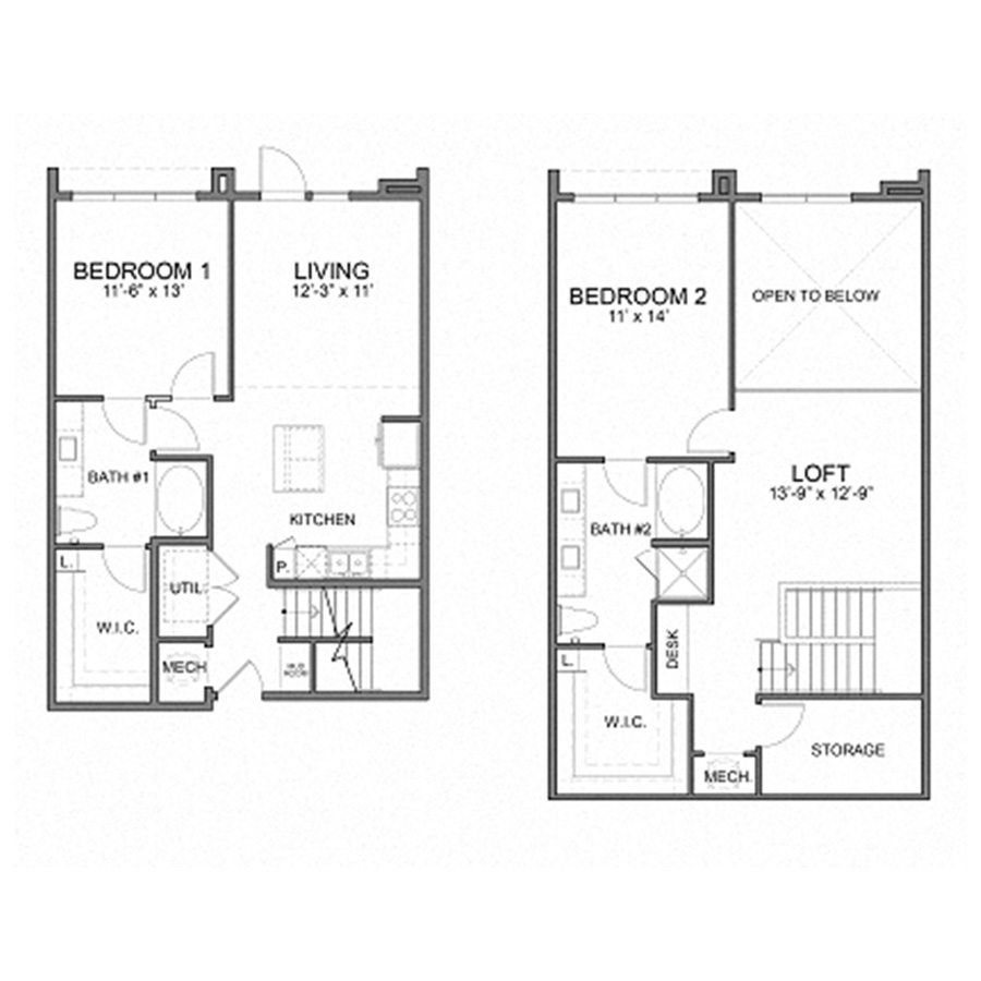 Rendering of the WH.B1L floor plan with 2 bedroom[s] and 2 bathroom[s] at Apartments at the Sound