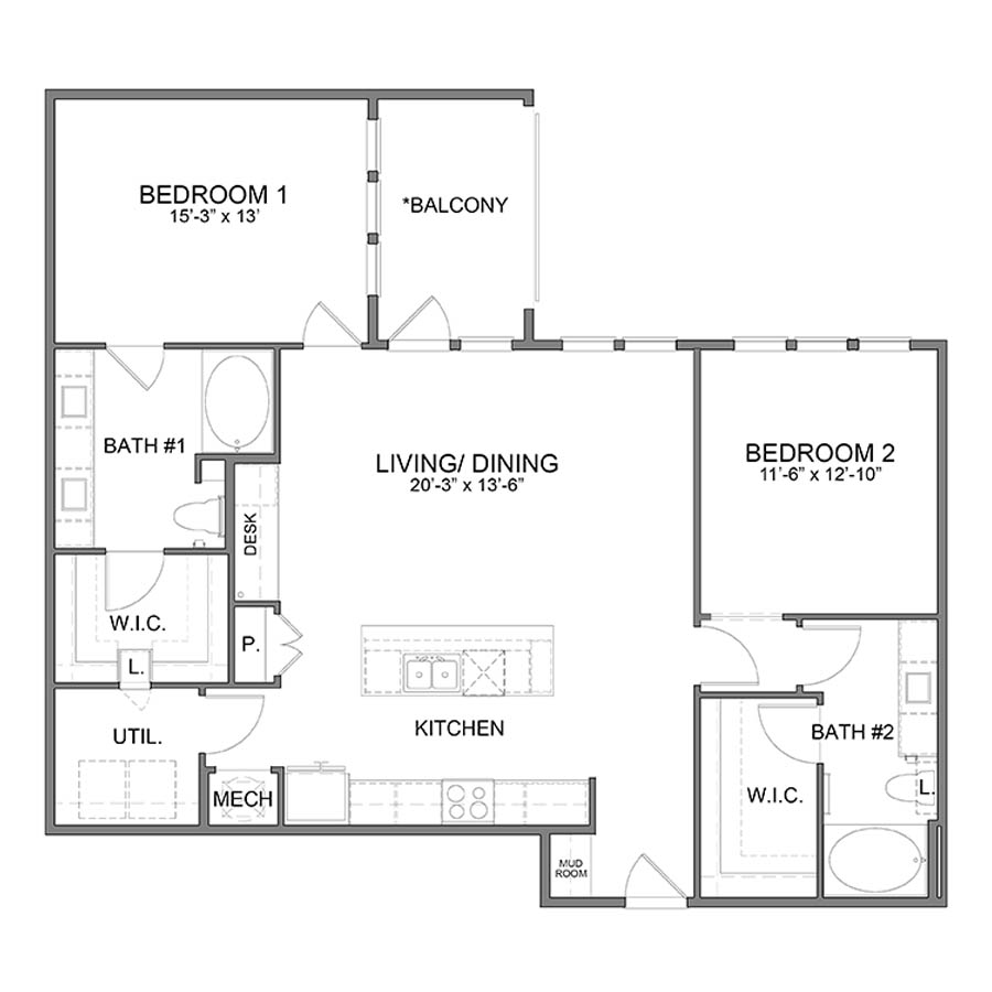 Rendering of the WH.B9 floor plan with 2 bedroom[s] and 2 bathroom[s] at Apartments at the Sound