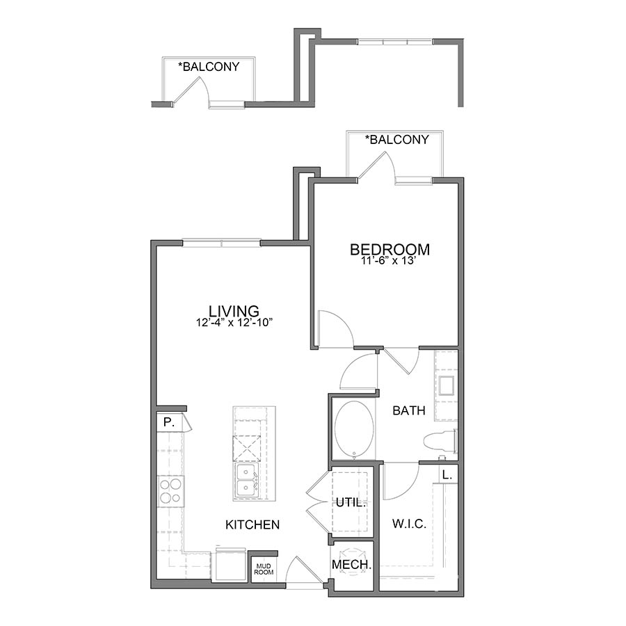 Rendering of the WH.A6.2 floor plan with 1 bedroom[s] and 1 bathroom[s] at Apartments at the Sound