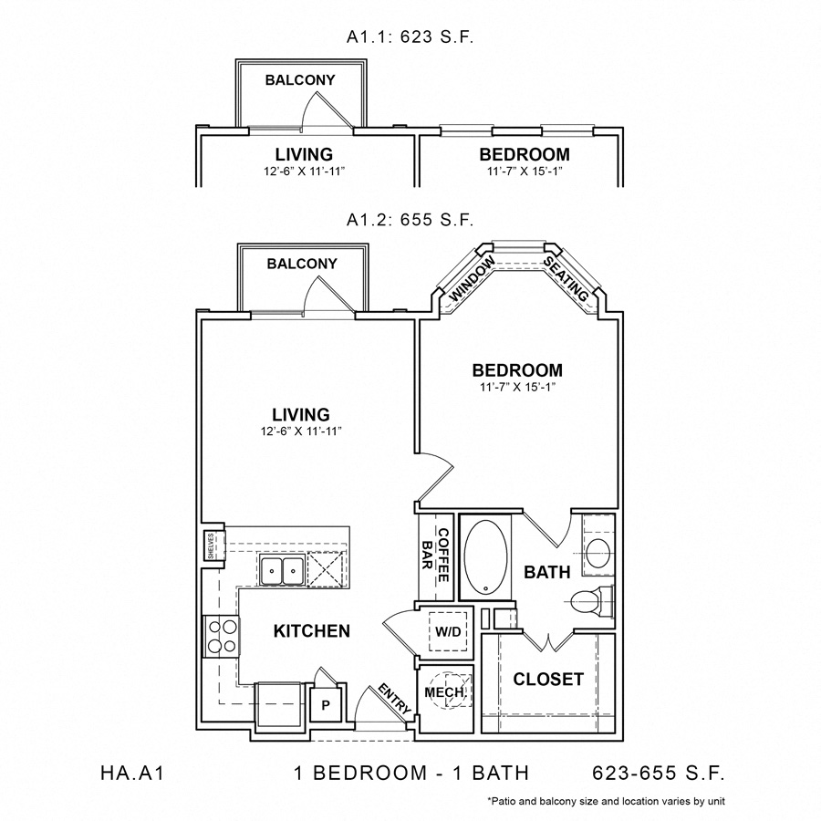 Rendering of the HA.A1 floor plan with 1 bedroom[s] and 1 bathroom[s] at Apartments at the Sound