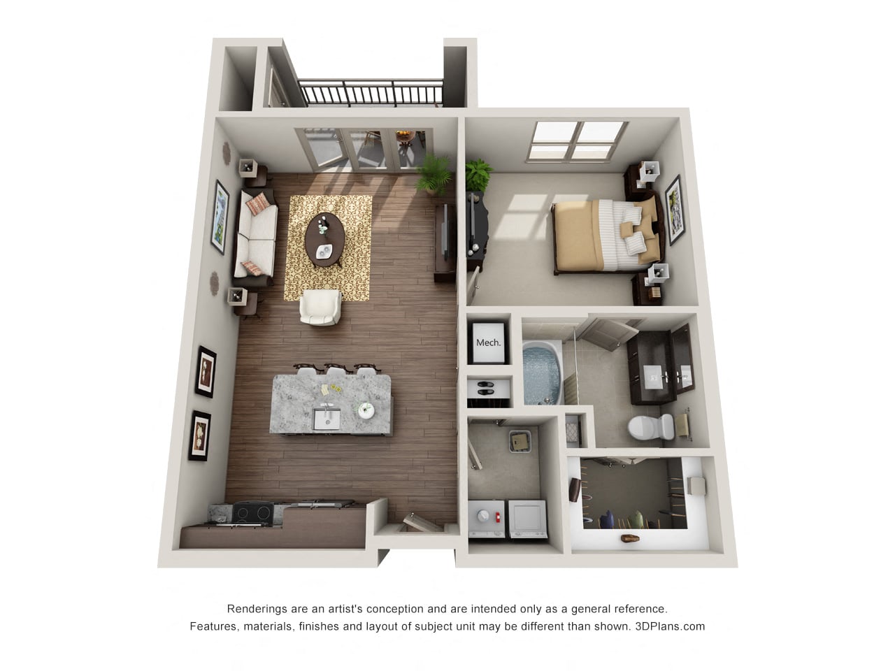One Bedroom One Bath A2.1 floor plan