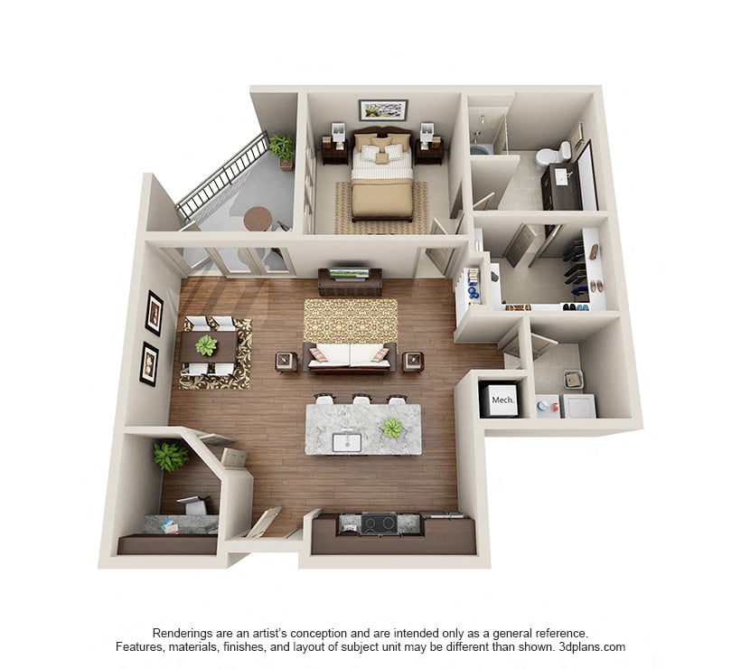 One Bedroom One Bath Study A7 floor plan