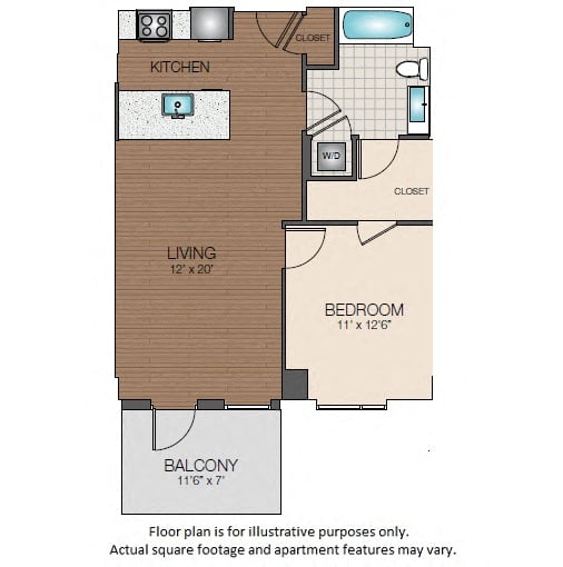 Rendering of the A2d floor plan with 1 bedroom[s] and 1 bathroom[s] at The Victor by Windsor