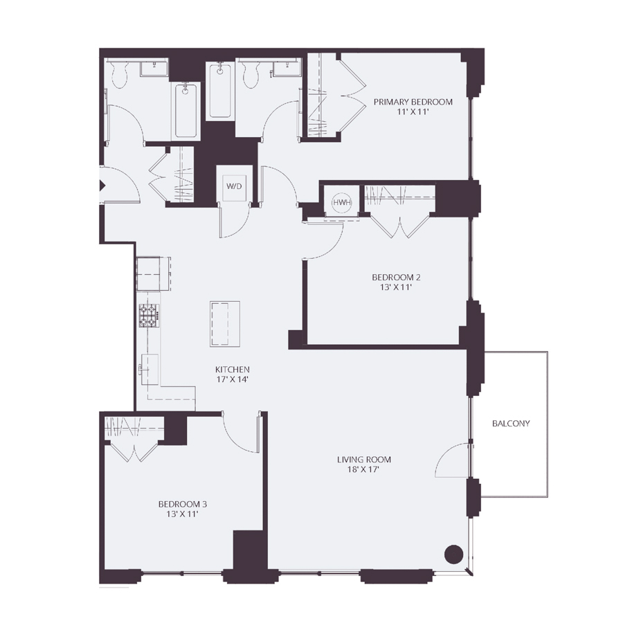 #1131 - 3 bedroom floorplan layout with 2 bathrooms and 1254 square feet