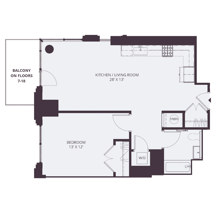 #1703 - 1 bedroom floorplan layout with 1 bathroom and 709 square feet