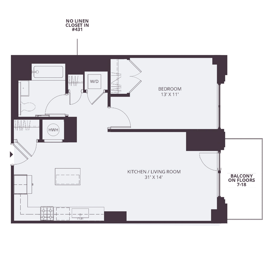 #1737 - 1 bedroom floorplan layout with 1 bathroom and 725 square feet