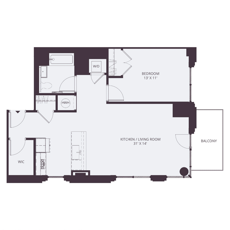 #1510 - 1 bedroom floorplan layout with 1 bathroom and 811 square feet
