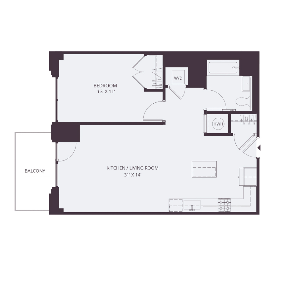 #1832 - 1 bedroom floorplan layout with 1 bathroom and 725 square feet
