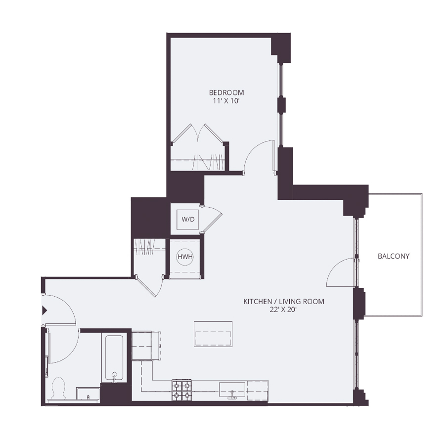 #1006 - 1 bedroom floorplan layout with 1 bathroom and 714 square feet
