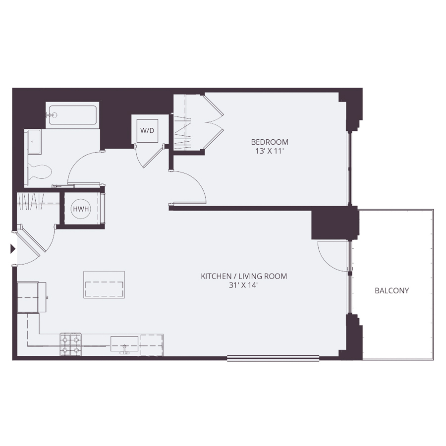 #1640 - 1 bedroom floorplan layout with 1 bathroom and 725 square feet