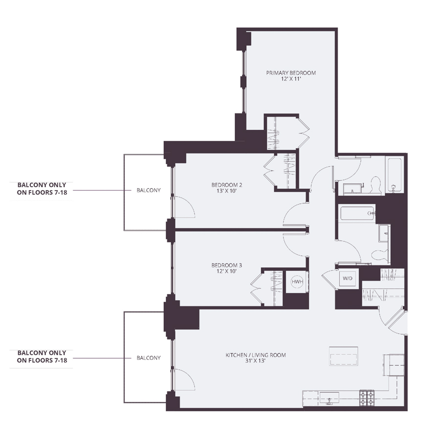 #0507 - 3 bedroom floorplan layout with 2 bathrooms and 1199 square feet